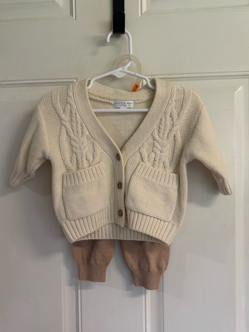 0-3M Grayson Mini Cream Cable Knit Cardigan/tan pull on pants set.  In EUC!